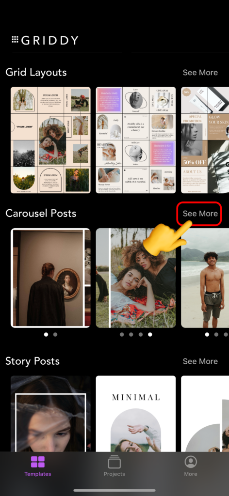 Browse Carousel Post Templates in Griddy App